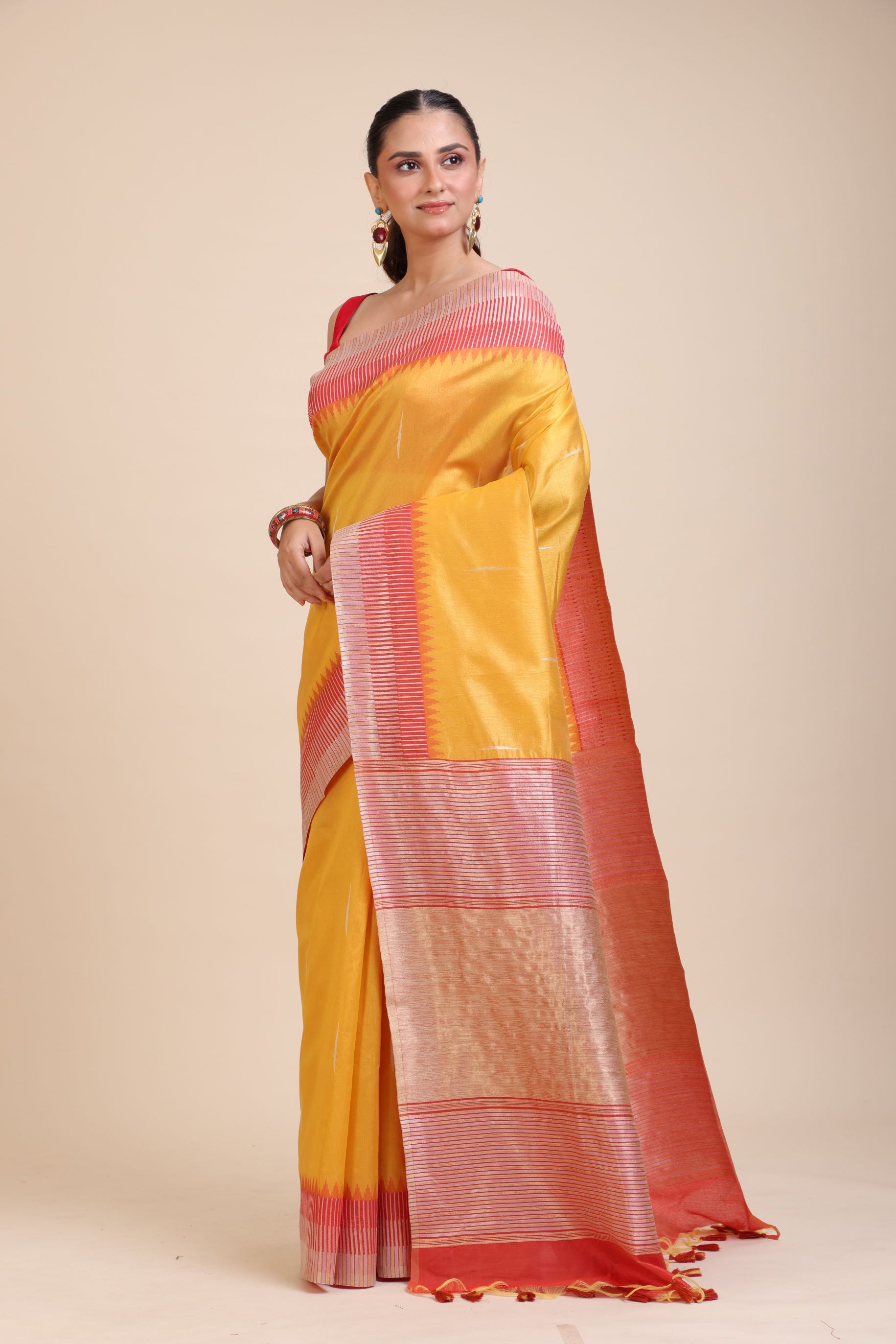 Yellow Soft Silk Saree With Red Border Front
