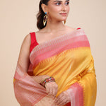 Yellow Soft Silk Saree With Red Border Close Up
