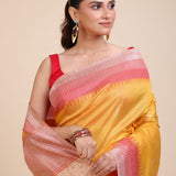 Yellow Soft Silk Saree With Red Border Close Up
