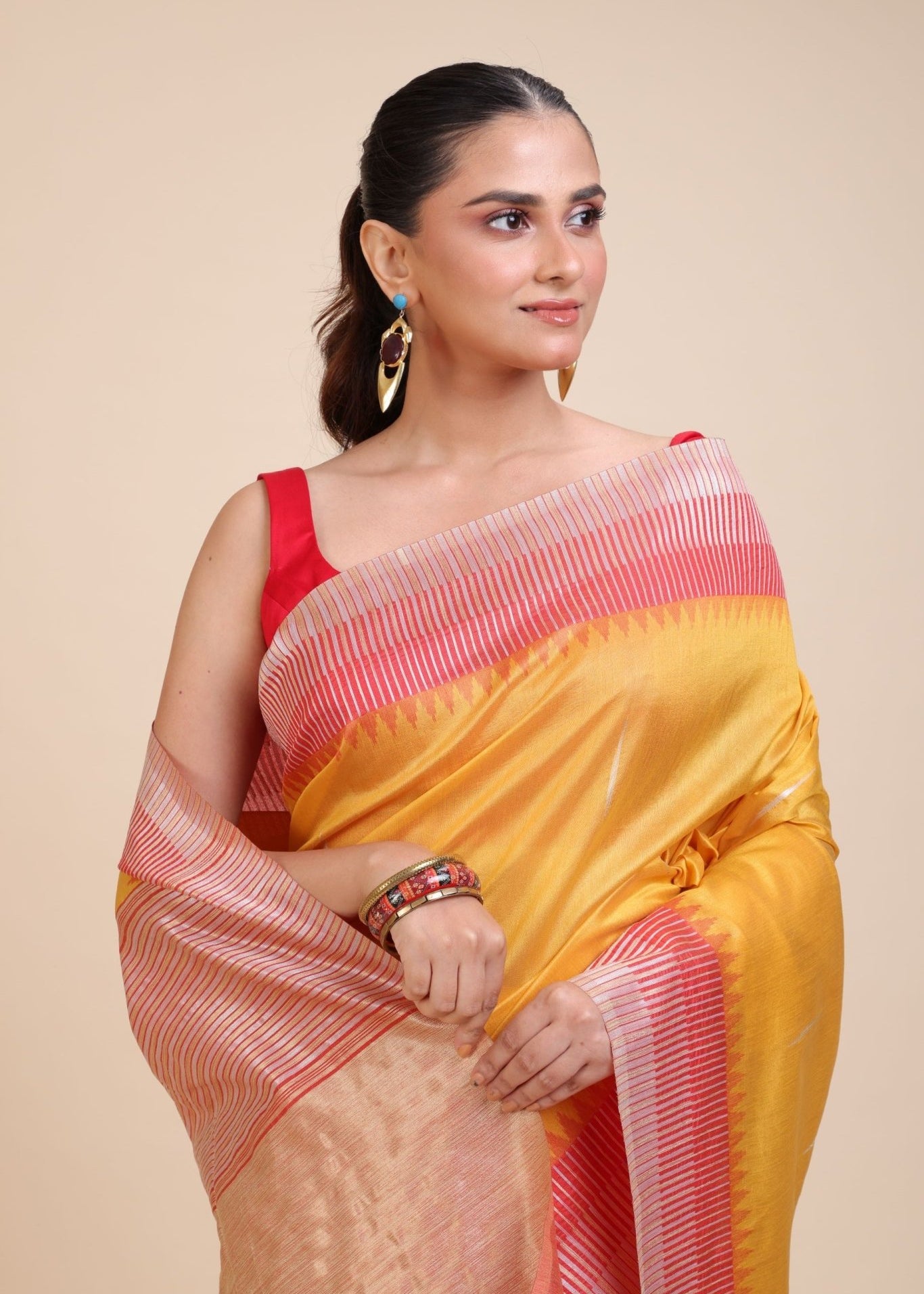 Yellow Soft Silk Saree With Red Border - Anvi Couture