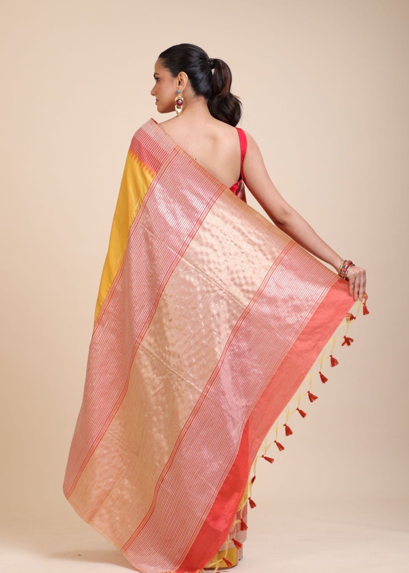 Yellow Soft Silk Saree With Red Border - Anvi Couture
