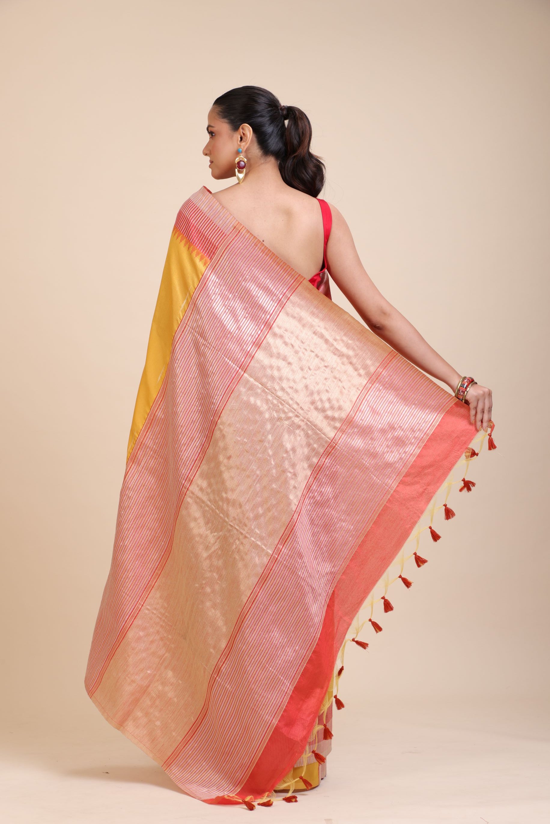 Yellow Soft Silk Saree With Red Border Back
