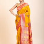 Yellow Soft Silk Saree With Red and Golden Border - Anvi Couture