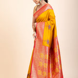 Yellow Soft Silk Saree With Red and Golden Border - Anvi Couture