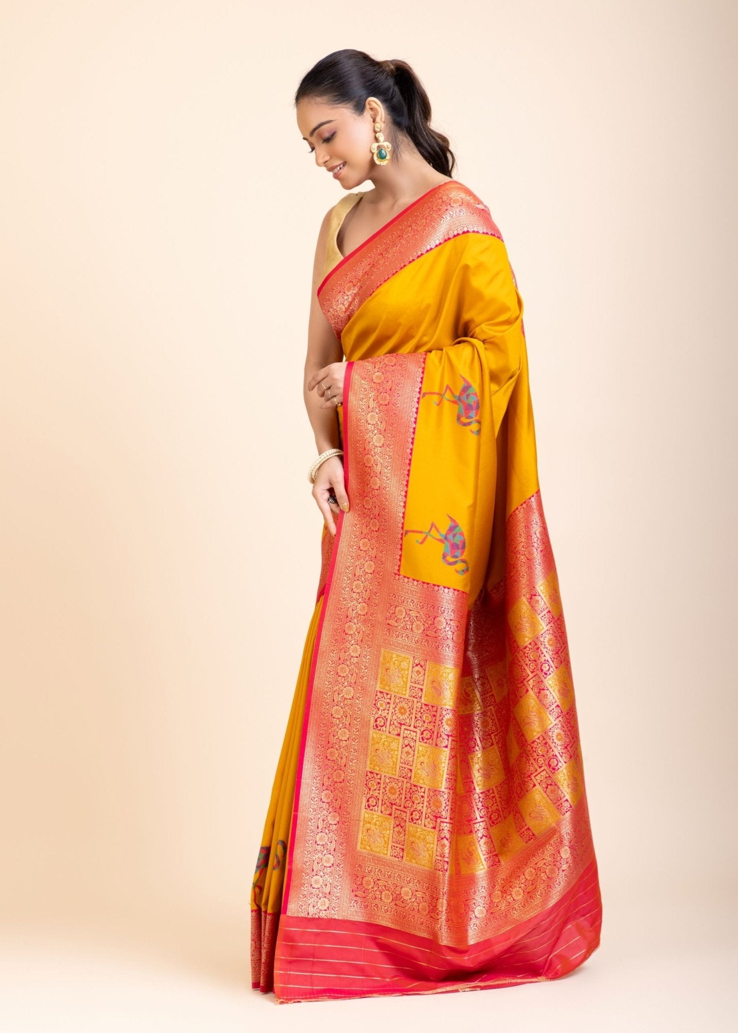 Yellow Soft Silk Saree With Red and Golden Border - Anvi Couture