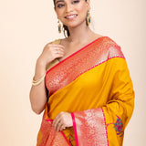 Yellow Soft Silk Saree With Red and Golden Border - Anvi Couture