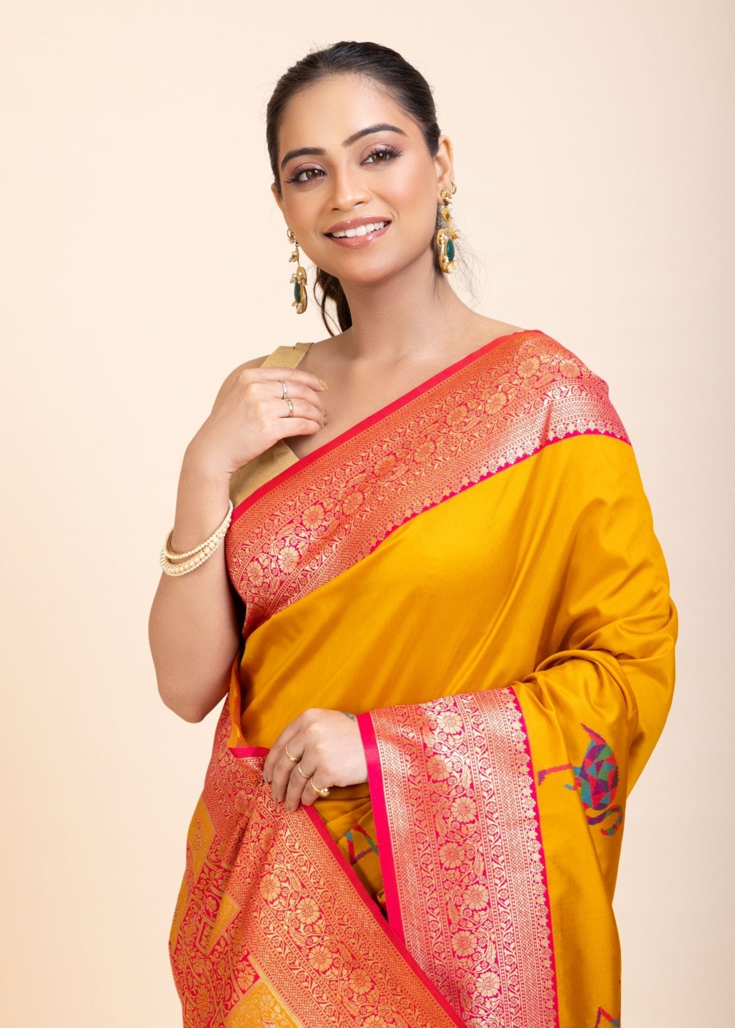 Yellow Soft Silk Saree With Red and Golden Border - Anvi Couture