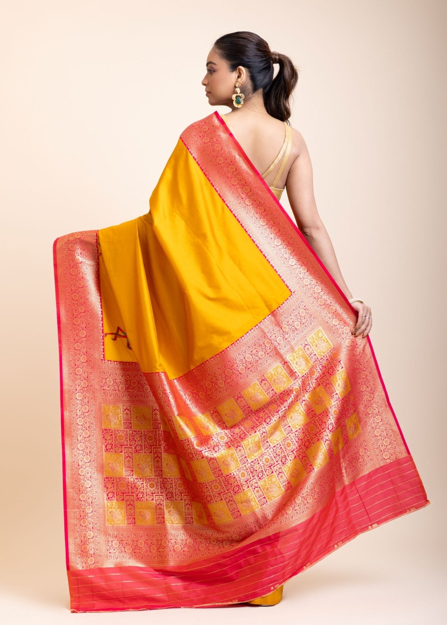 Yellow Soft Silk Saree With Red and Golden Border - Anvi Couture