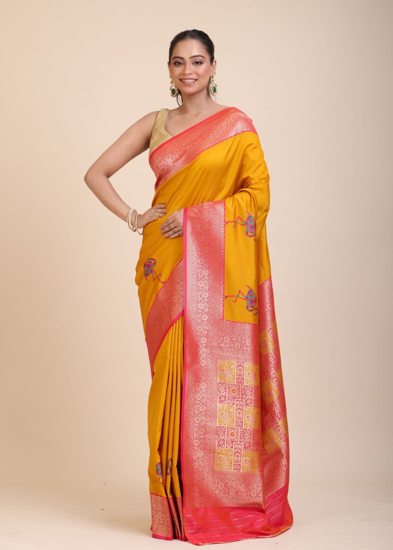 Yellow Soft Silk Saree With Red and Golden Border - Anvi Couture