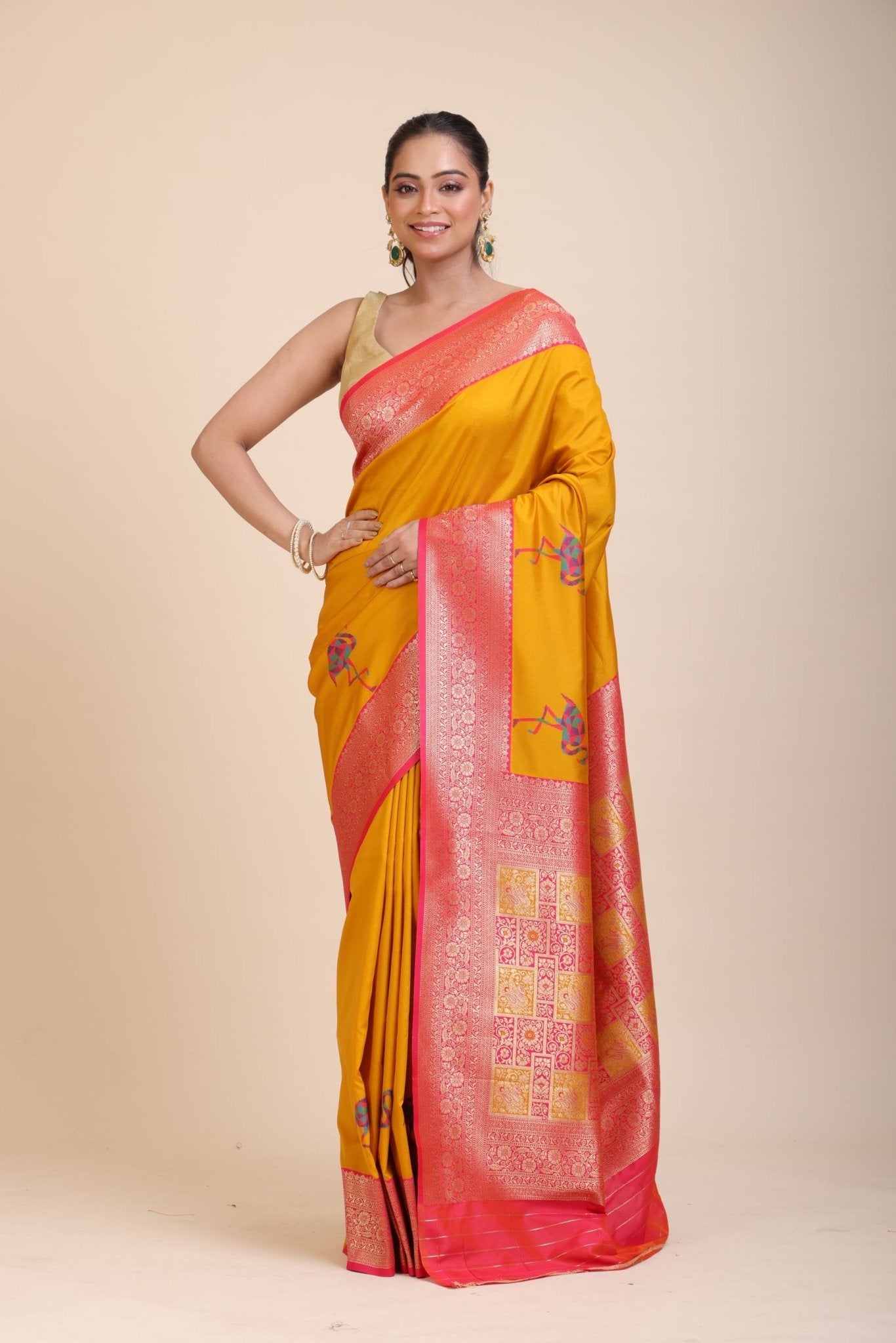 Yellow Soft Silk Saree With Red and Golden Border - Anvi Couture