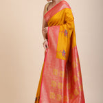 Yellow Soft Silk Saree With Red and Golden Border Front
