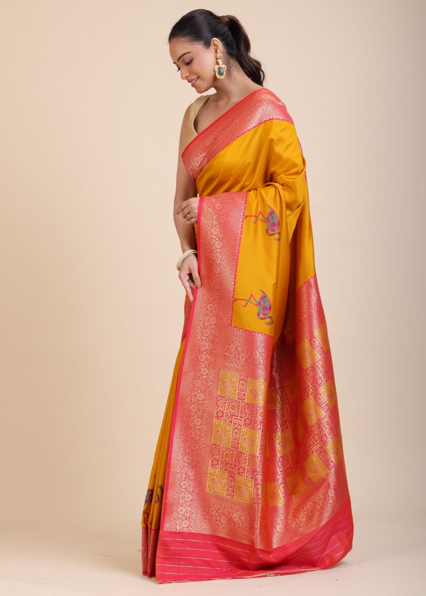 Yellow Soft Silk Saree With Red and Golden Border - Anvi Couture