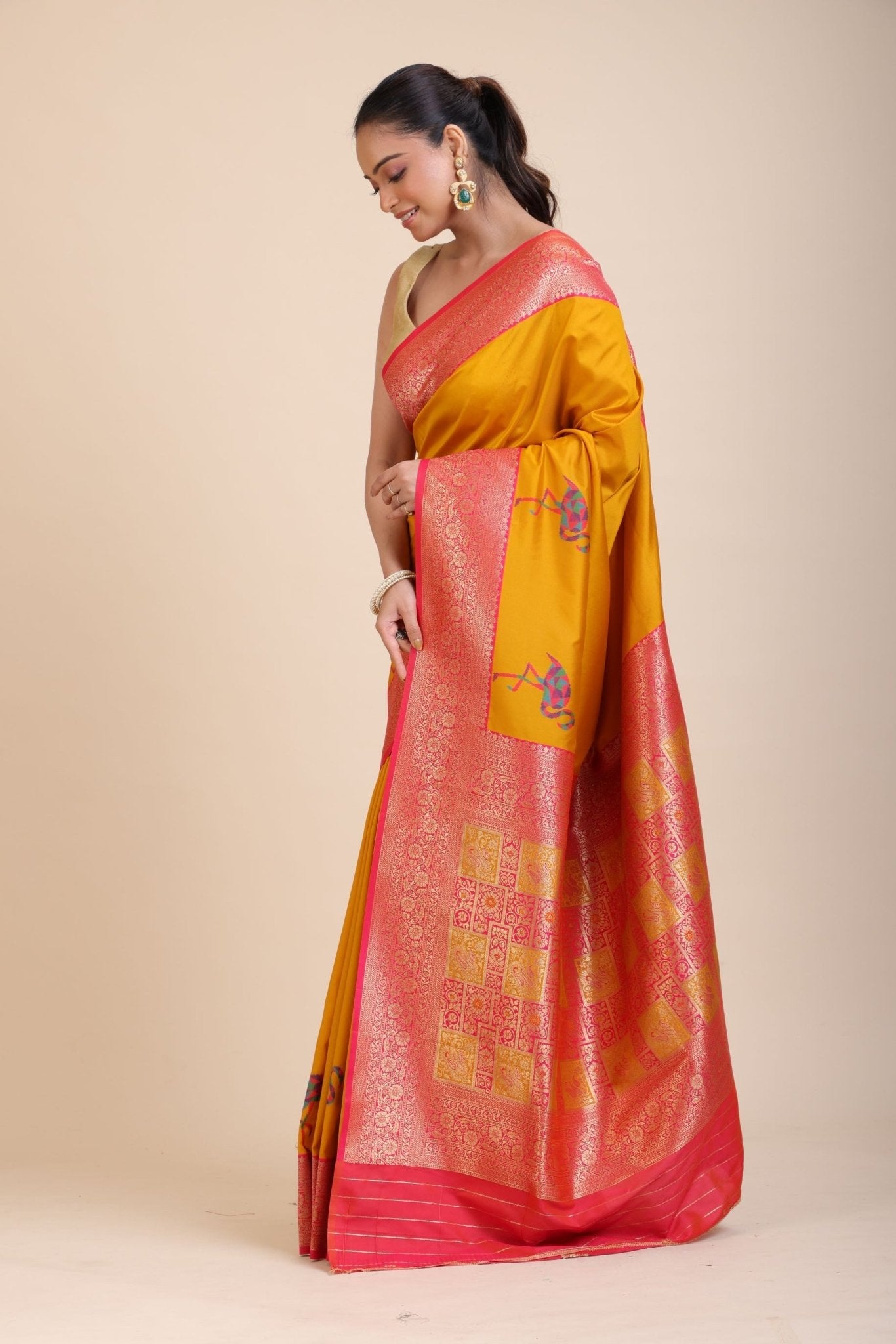 Yellow Soft Silk Saree With Red and Golden Border - Anvi Couture