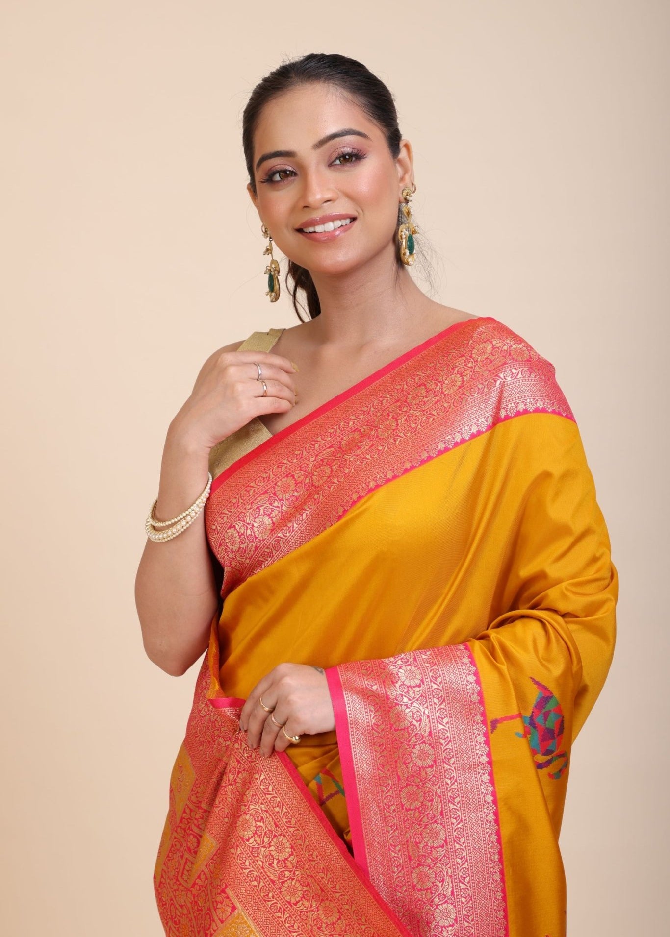 Yellow Soft Silk Saree With Red and Golden Border - Anvi Couture