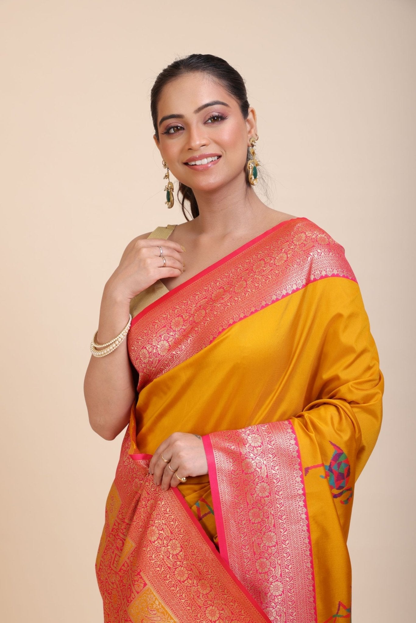 Yellow Soft Silk Saree With Red and Golden Border - Anvi Couture