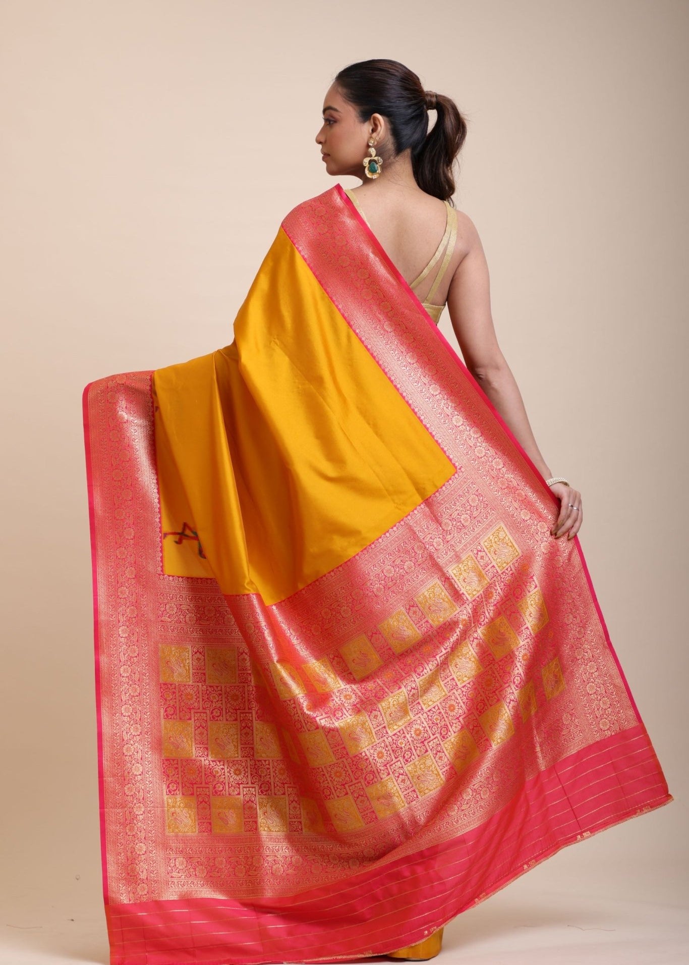 Yellow Soft Silk Saree With Red and Golden Border - Anvi Couture