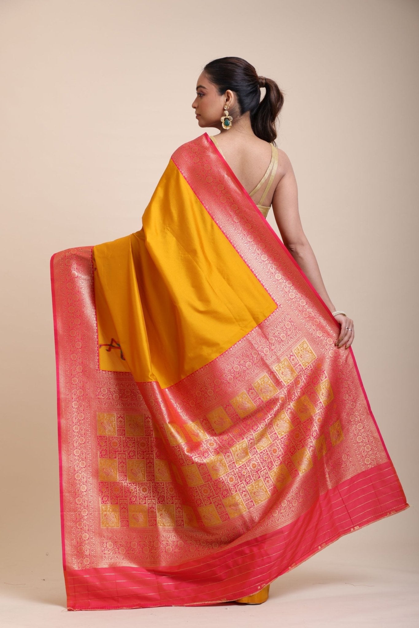Yellow Soft Silk Saree With Red and Golden Border - Anvi Couture