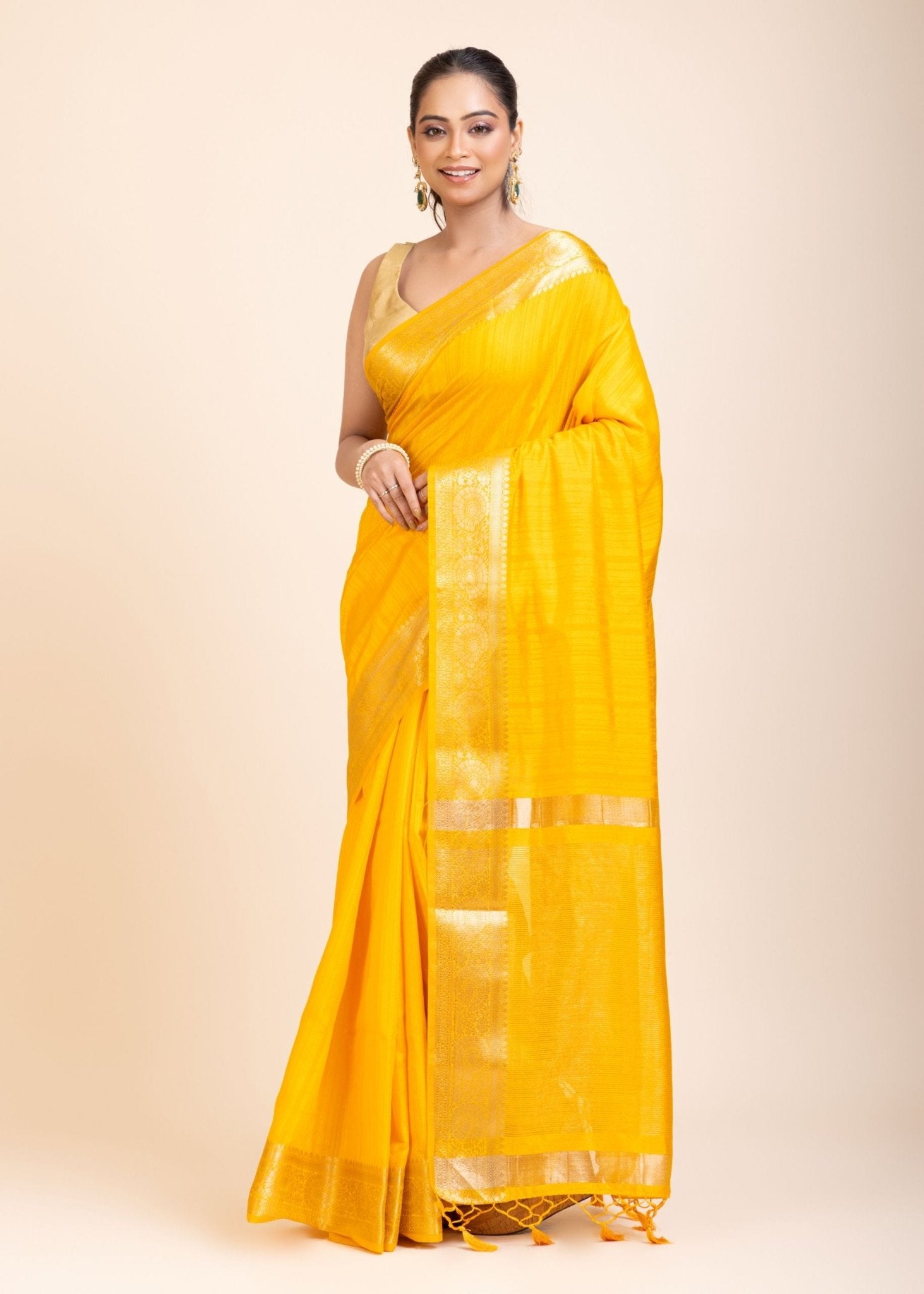 Yellow Soft Silk Saree with Golden Border - Anvi Couture