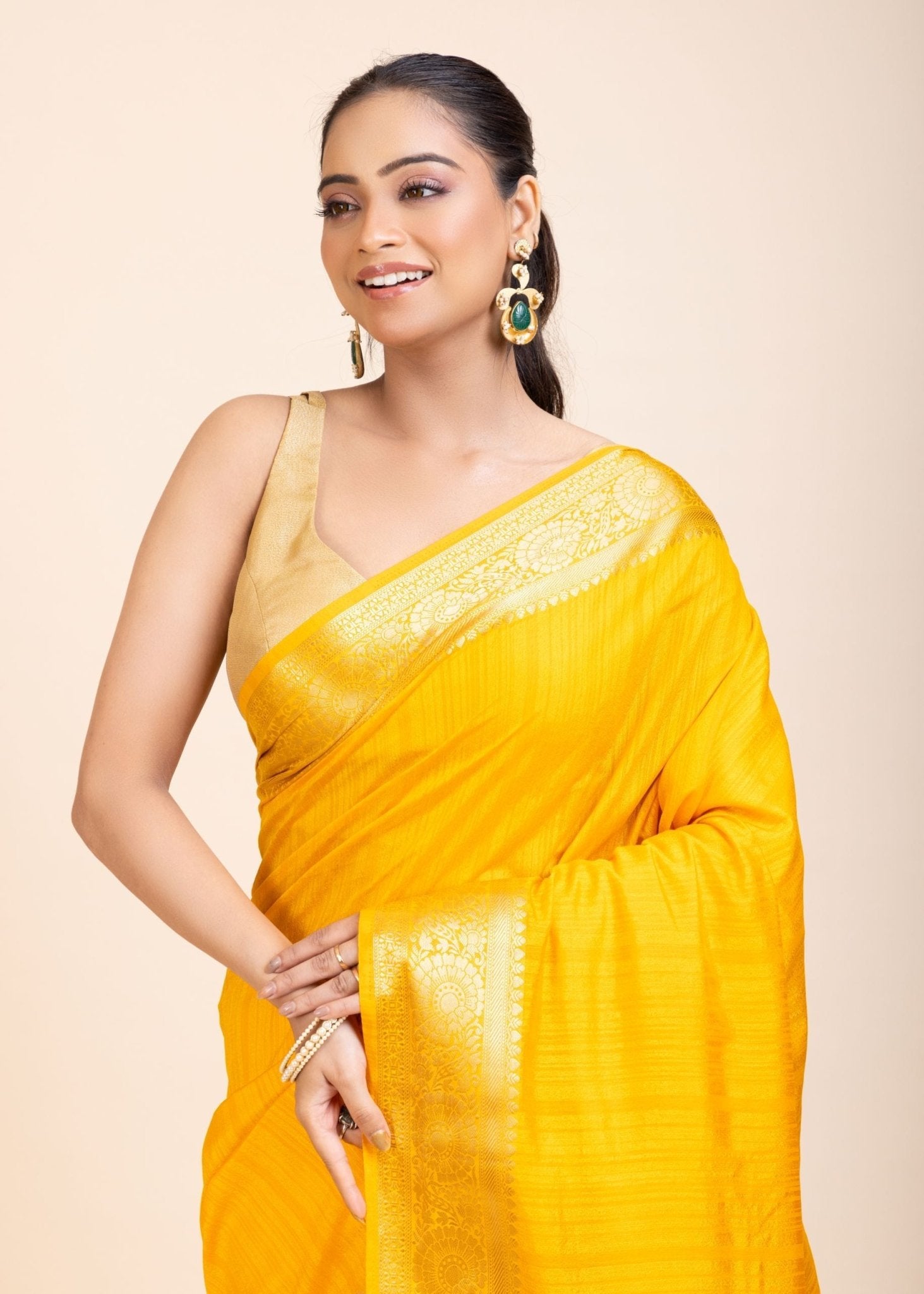 Yellow Soft Silk Saree with Golden Border - Anvi Couture