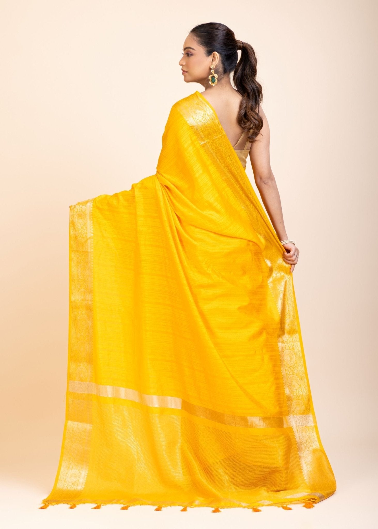 Yellow Soft Silk Saree with Golden Border - Anvi Couture
