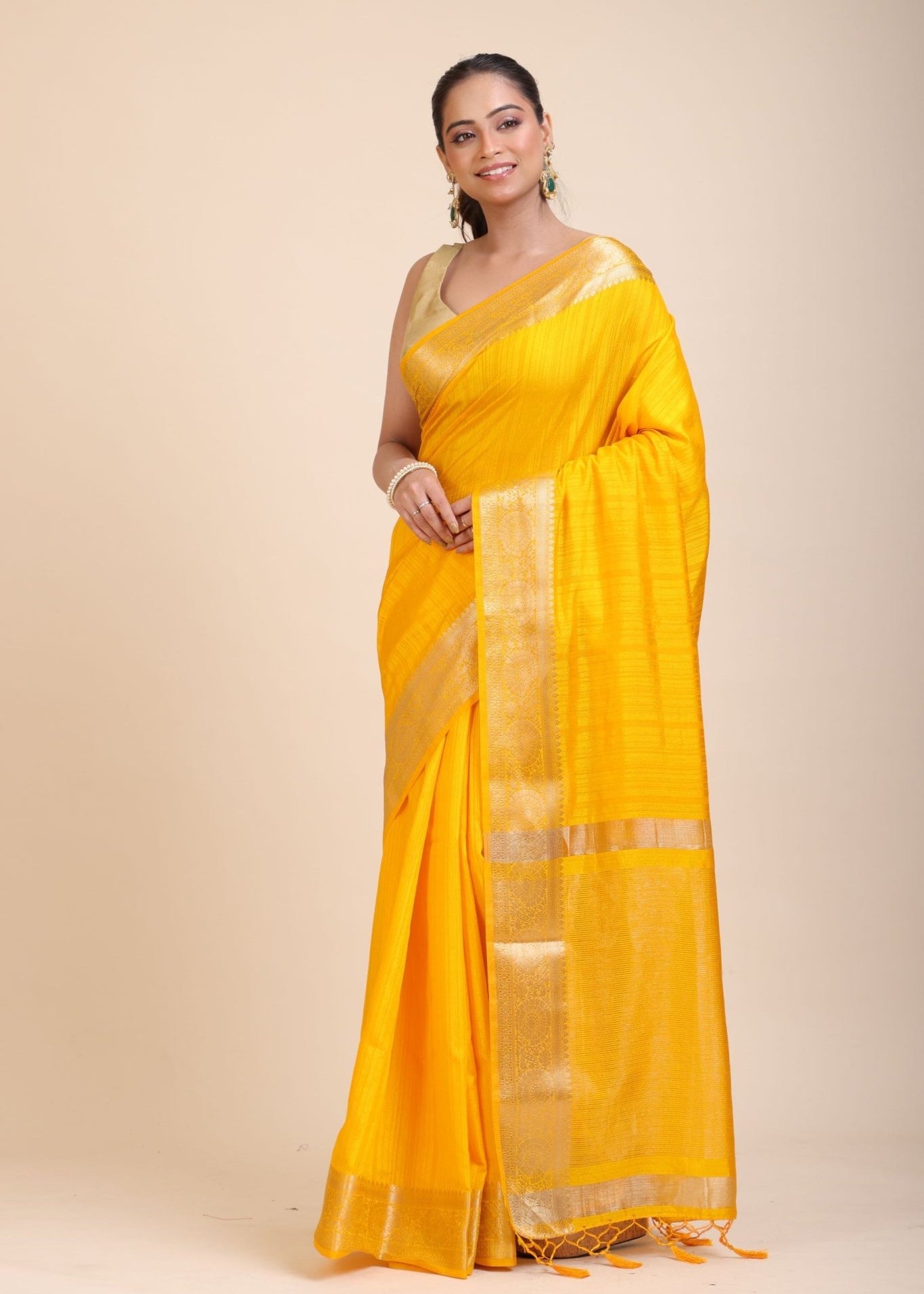 Yellow Soft Silk Saree with Golden Border - Anvi Couture