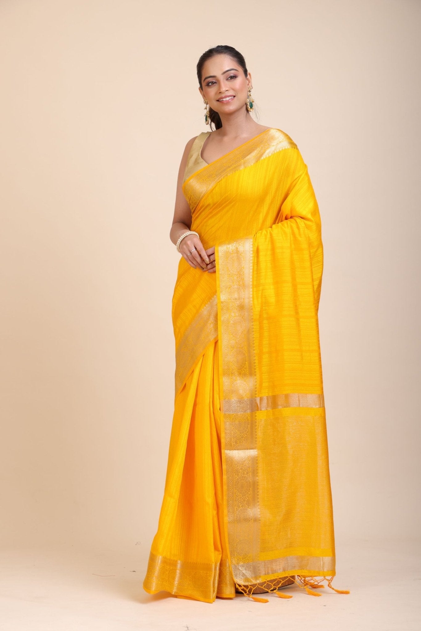 Yellow Soft Silk Saree with Golden Border - Anvi Couture