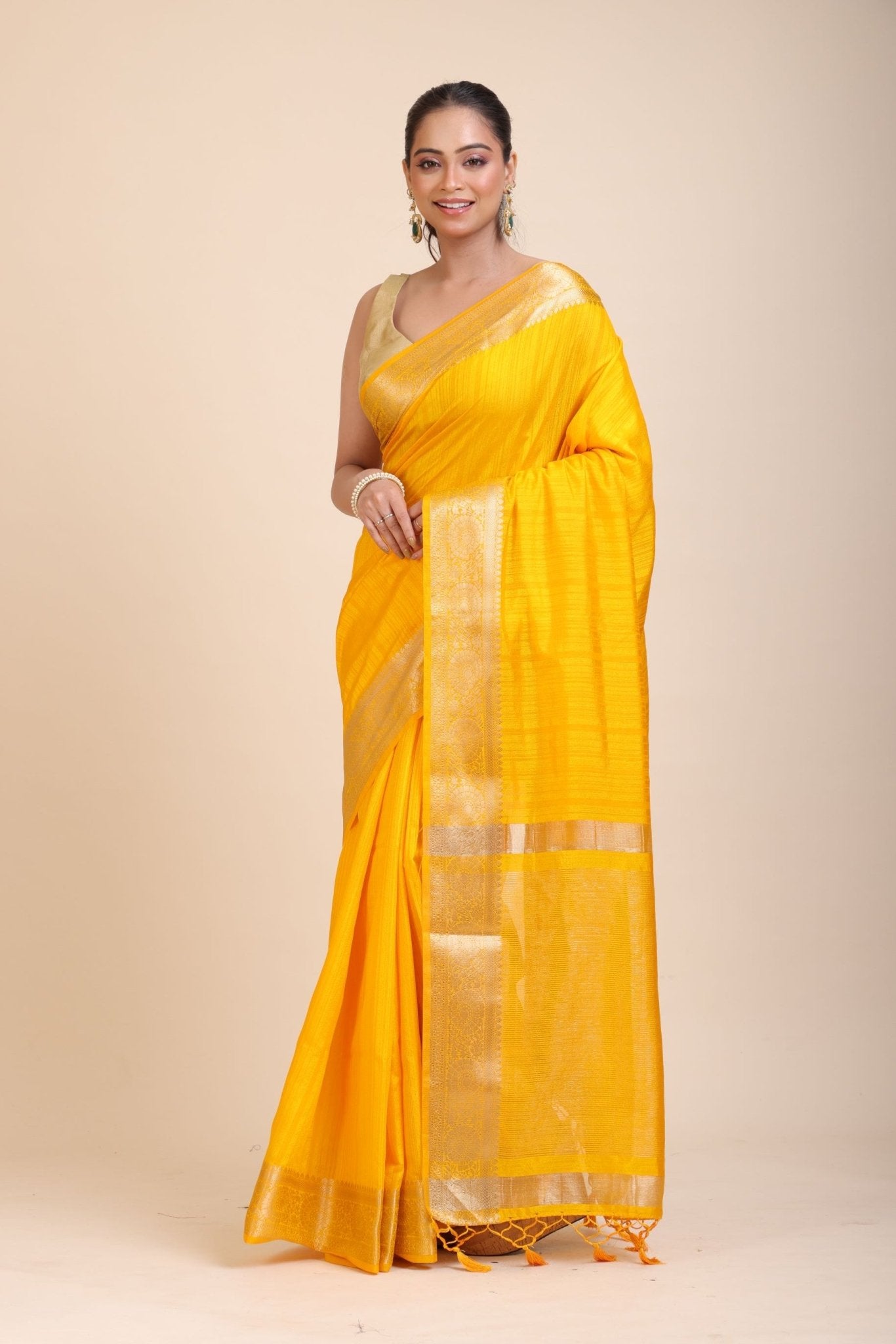 Yellow Soft Silk Saree with Golden Border - Anvi Couture