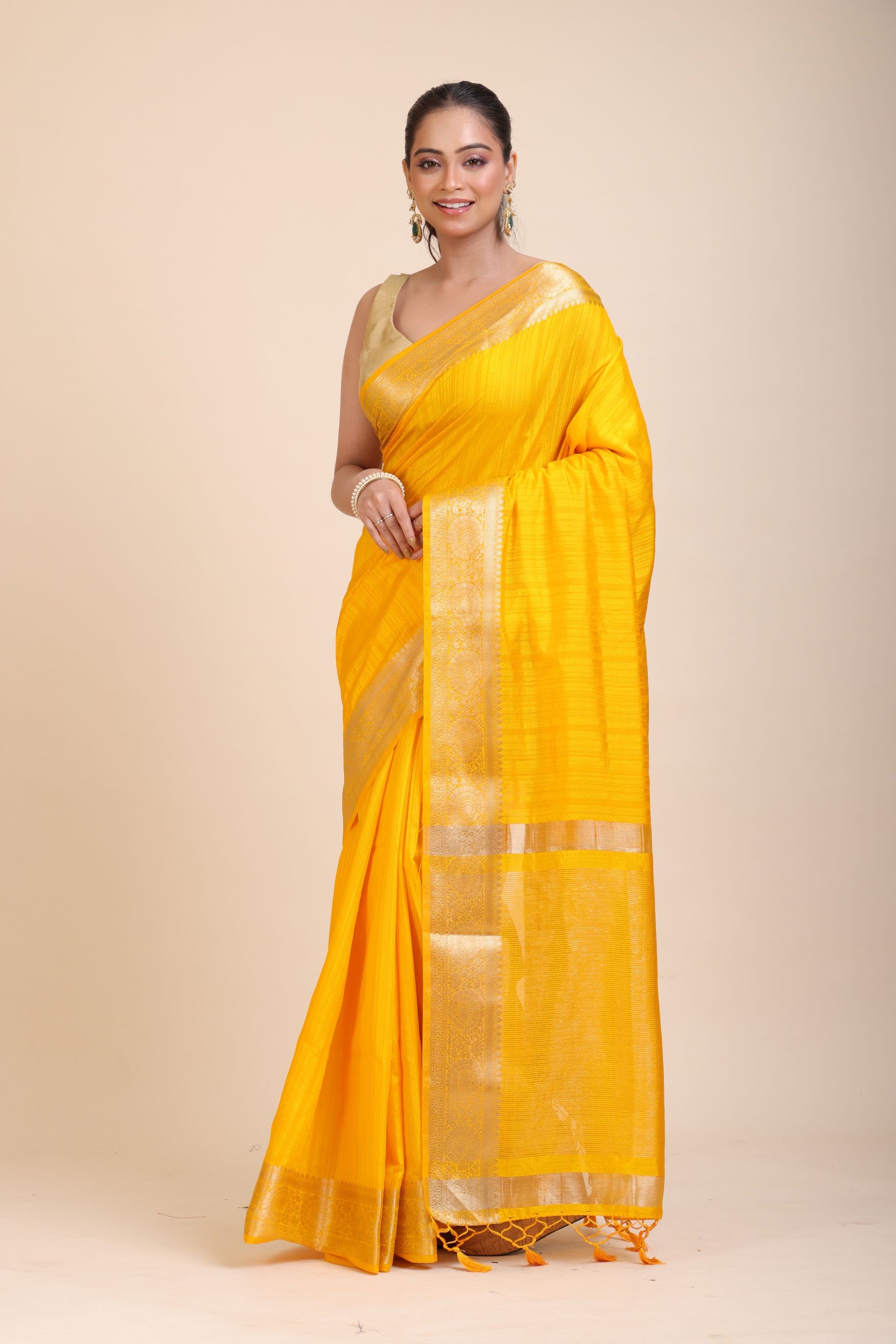 Yellow Soft Silk Saree with Golden Border front