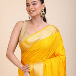 Yellow Soft Silk Saree with Golden Border close up