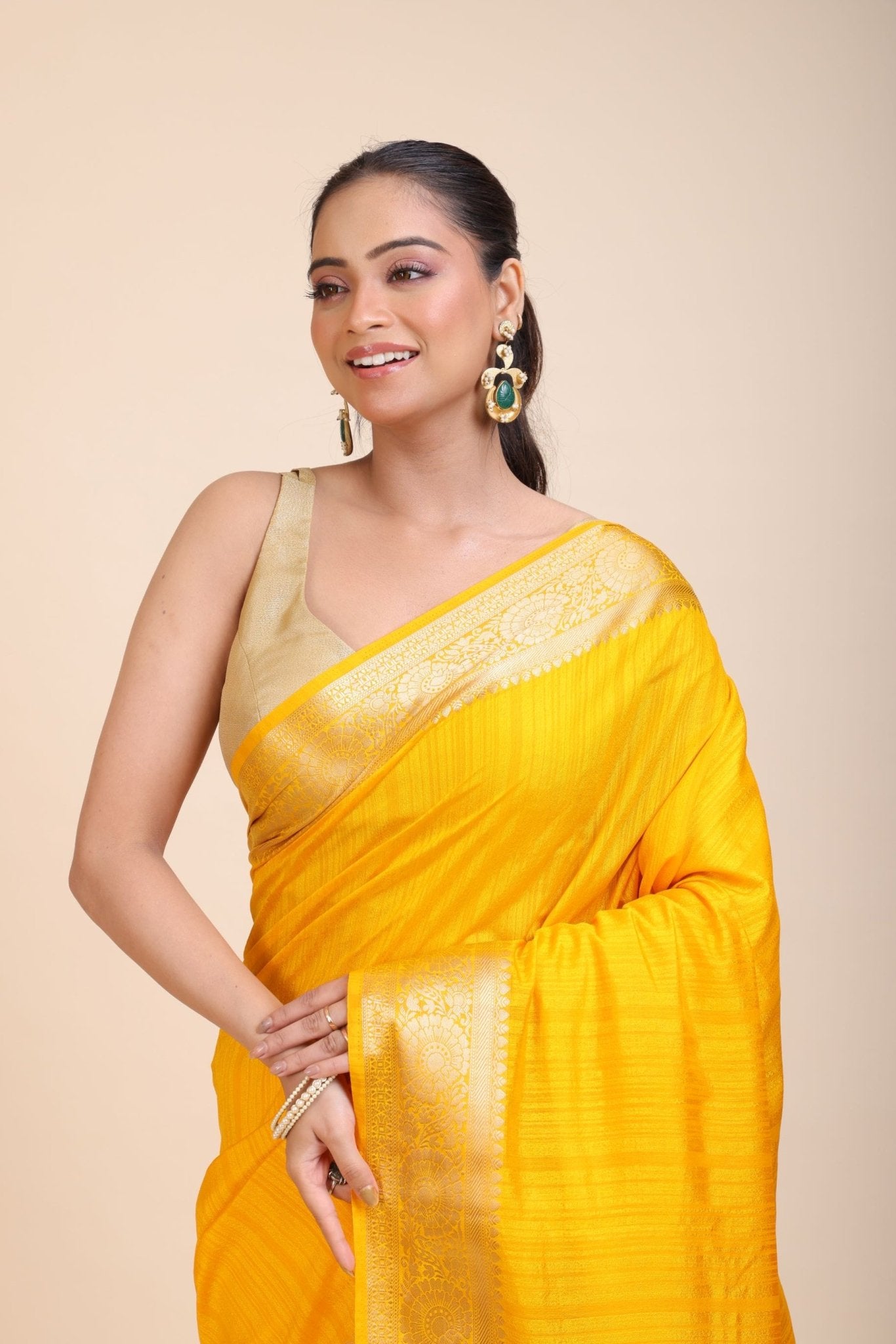 Yellow Soft Silk Saree with Golden Border - Anvi Couture