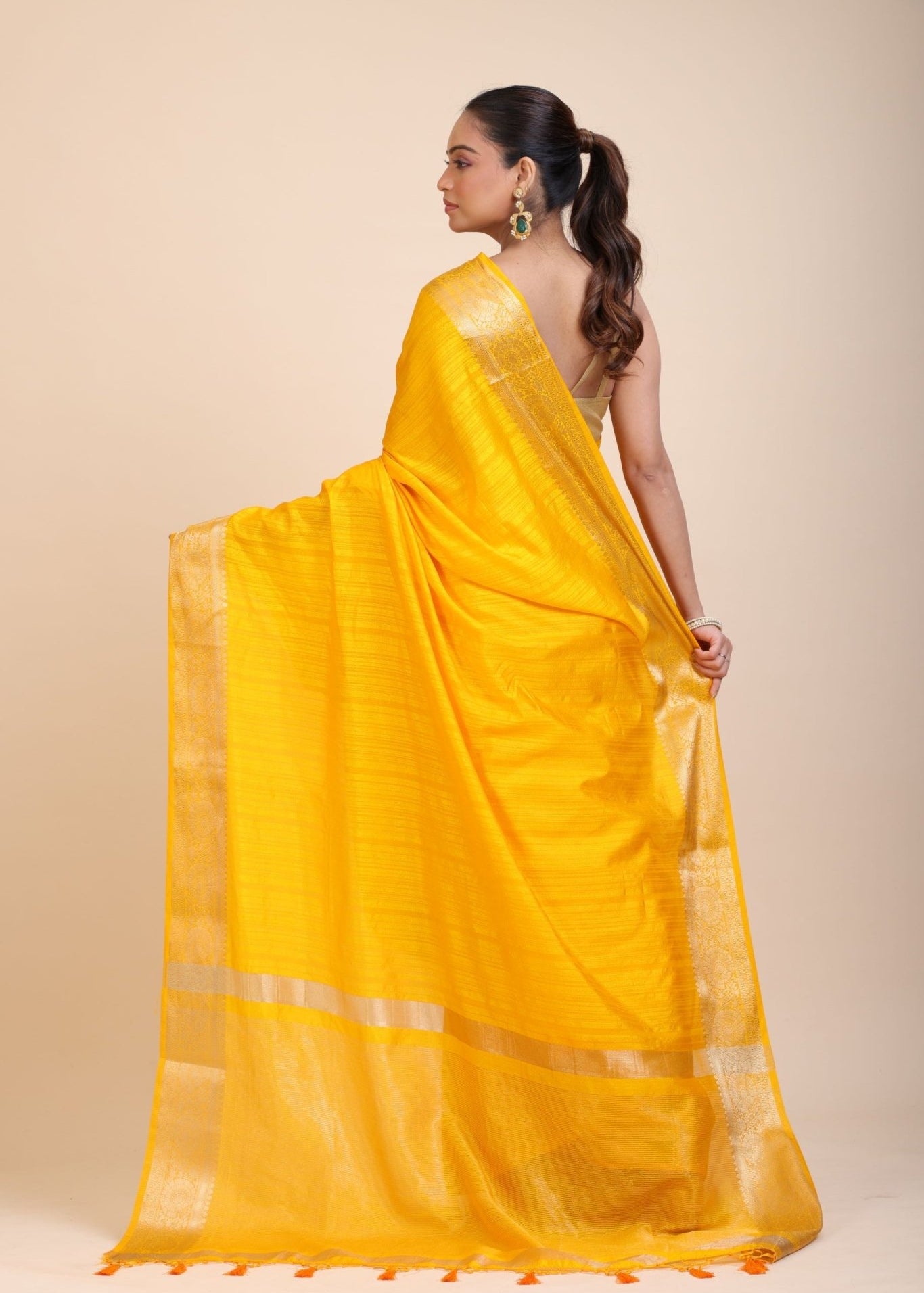 Yellow Soft Silk Saree with Golden Border - Anvi Couture
