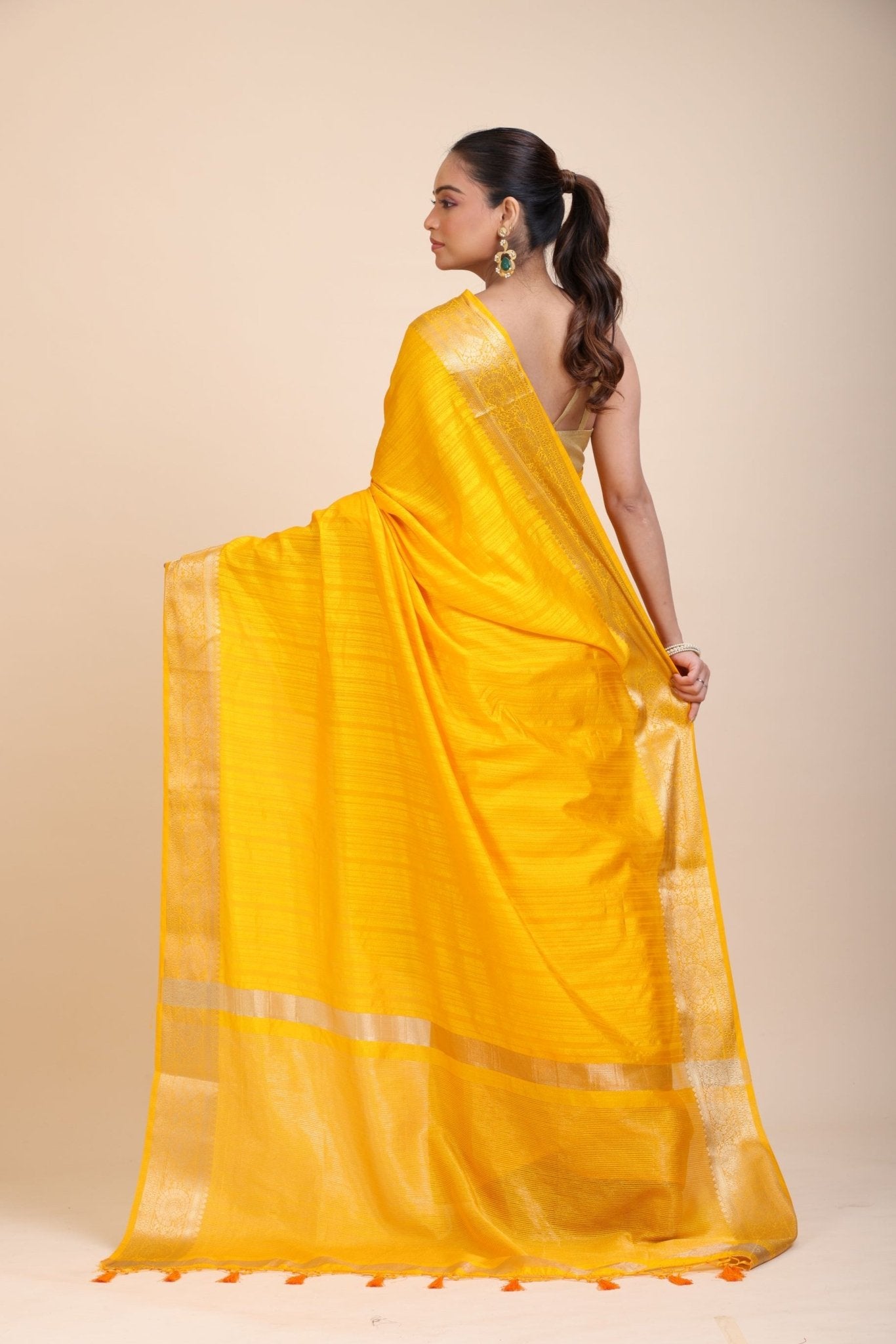 Yellow Soft Silk Saree with Golden Border - Anvi Couture