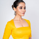 Lightweight Yellow Square Neck Silk Blouse with Modern Backless Design & Elbow Sleeves