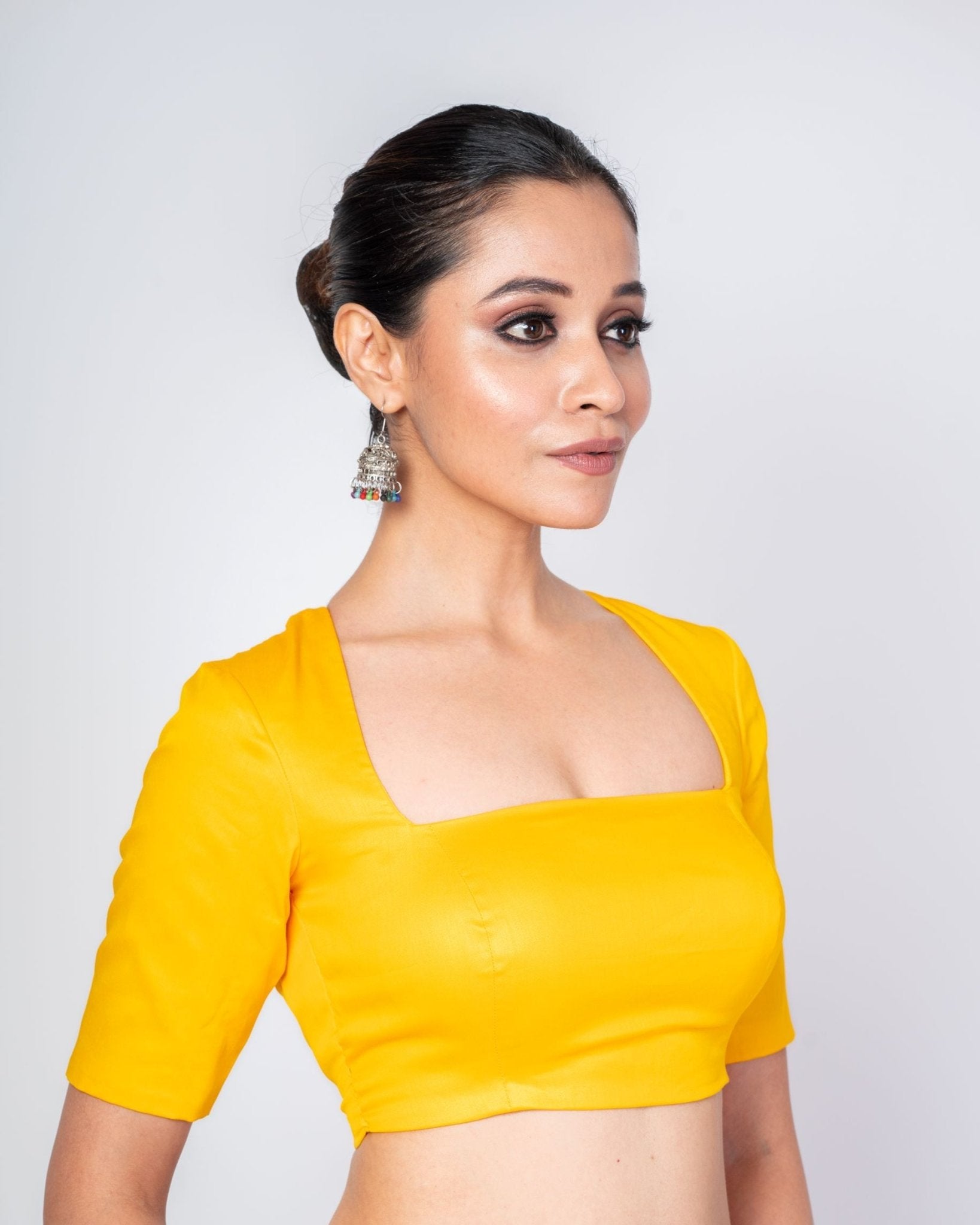 Lightweight Yellow Square Neck Silk Blouse with Modern Backless Design & Elbow Sleeves