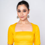 Yellow Square Neck Blouse with Backless Design & Elbow Sleeves 