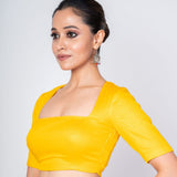 Designer Yellow Square Neck Blouse with Backless Design & Elbow Sleeves in Silk