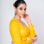 Yellow U - Neck Full Sleeve Cotton Silk Blouse with Round Back Closure - Anvi Couture