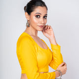 Yellow U - Neck Full Sleeve Cotton Silk Blouse with Round Back Closure - Anvi Couture