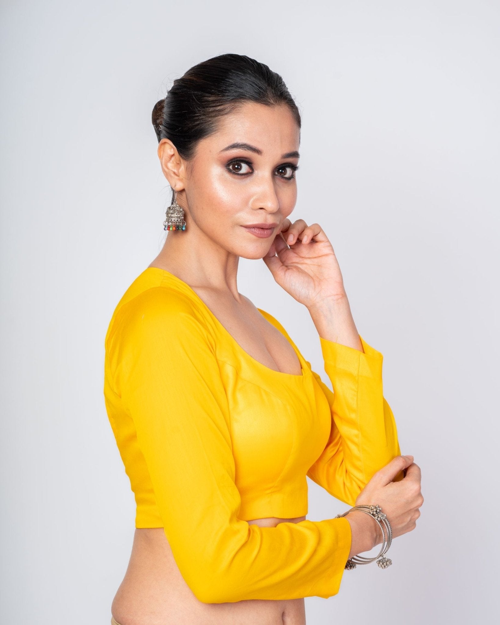 Yellow U - Neck Full Sleeve Cotton Silk Blouse with Round Back Closure - Anvi Couture