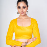 Yellow U - Neck Full Sleeve Cotton Silk Blouse with Round Back Closure - Anvi Couture
