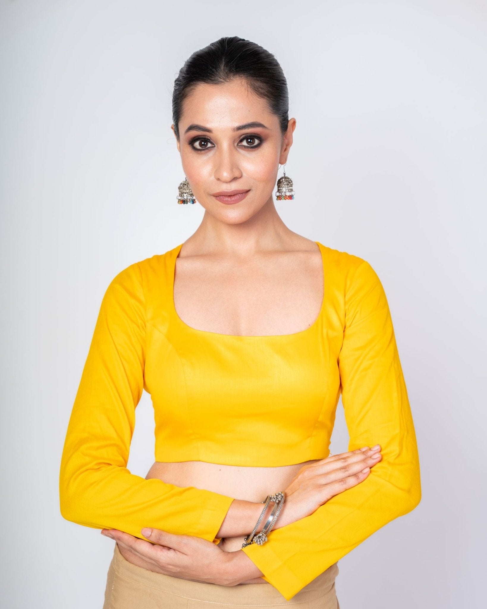 Yellow U - Neck Full Sleeve Cotton Silk Blouse with Round Back Closure - Anvi Couture