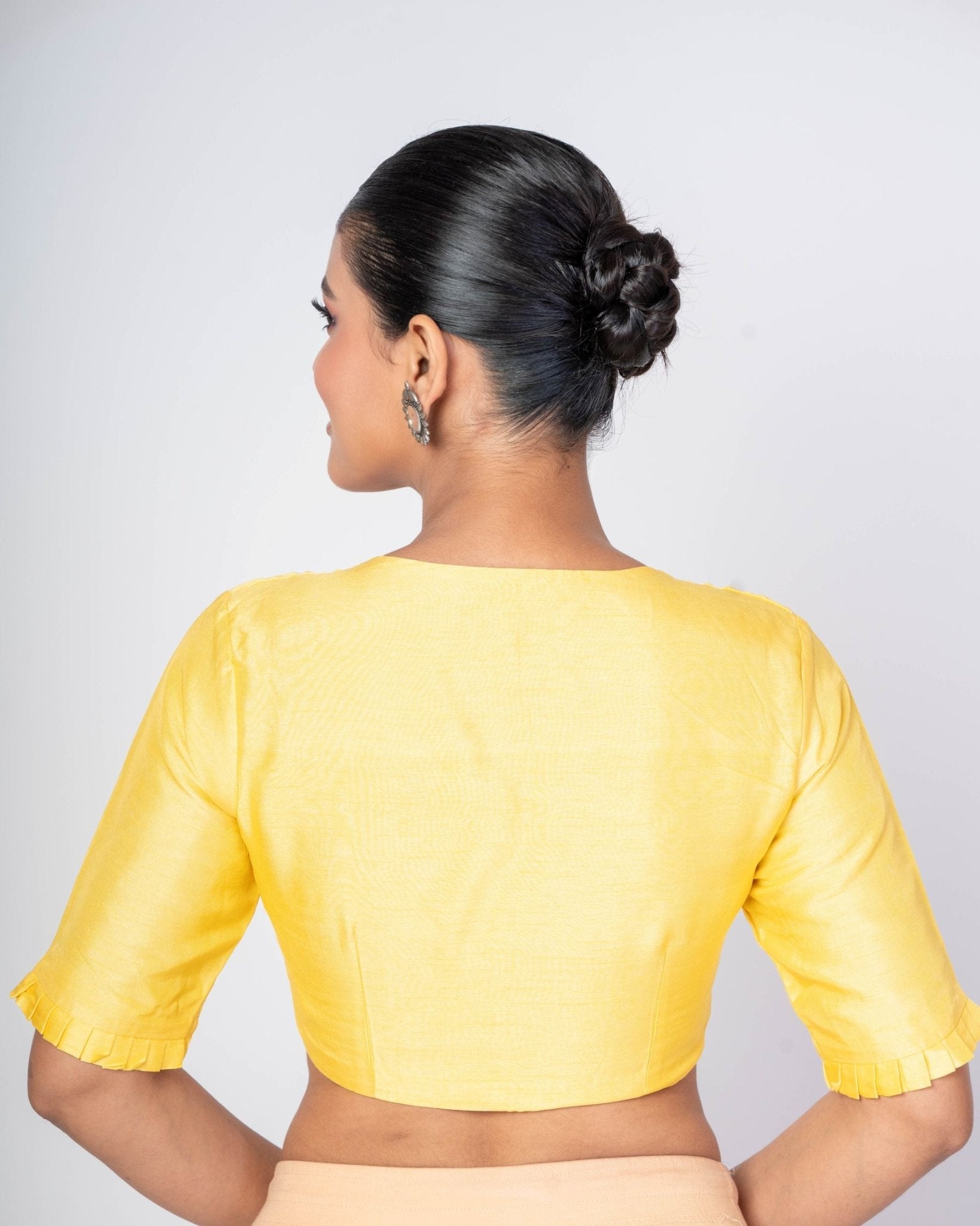 Yellow V - Neck Raw Silk Blouse With Back Closure - Anvi Couture