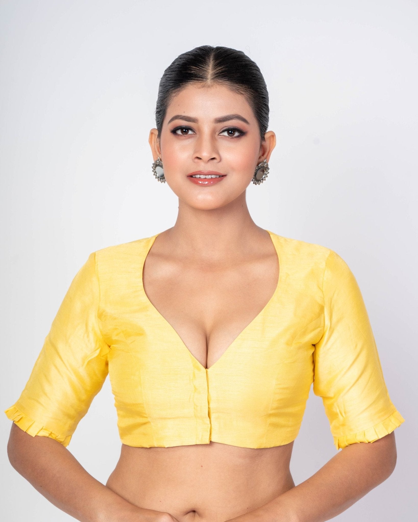 Yellow V - Neck Raw Silk Blouse With Back Closure - Anvi Couture