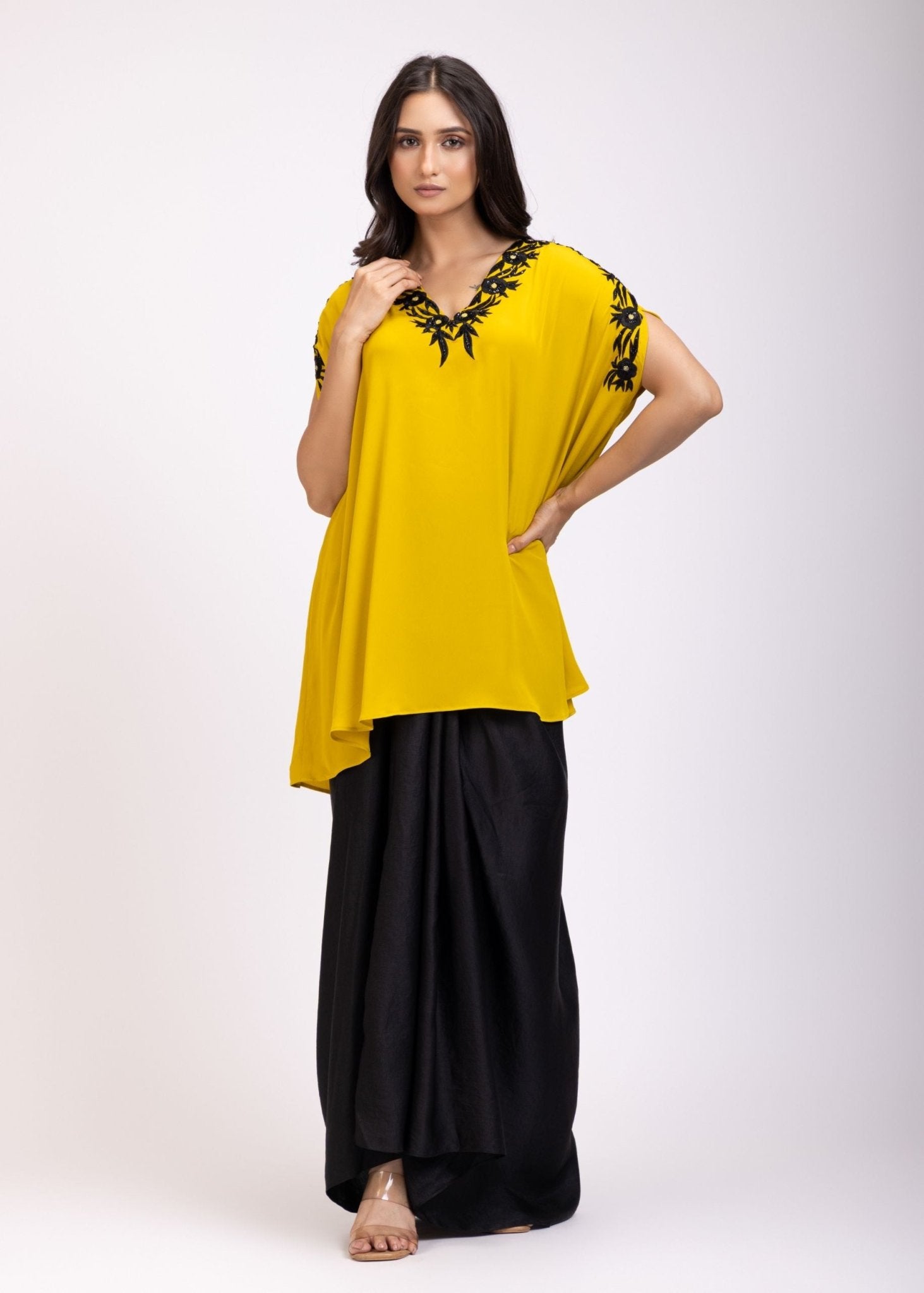 Yellow and Black Kaftan Dress With Embroidery Work - Anvi Couture