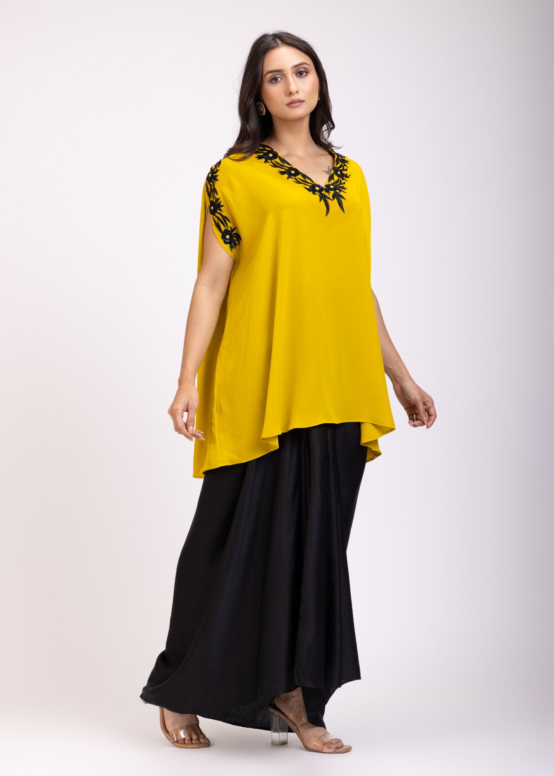 Yellow and Black Kaftan Dress With Embroidery Work Side