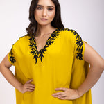 Yellow and Black Kaftan Dress With Embroidery Work Close Up