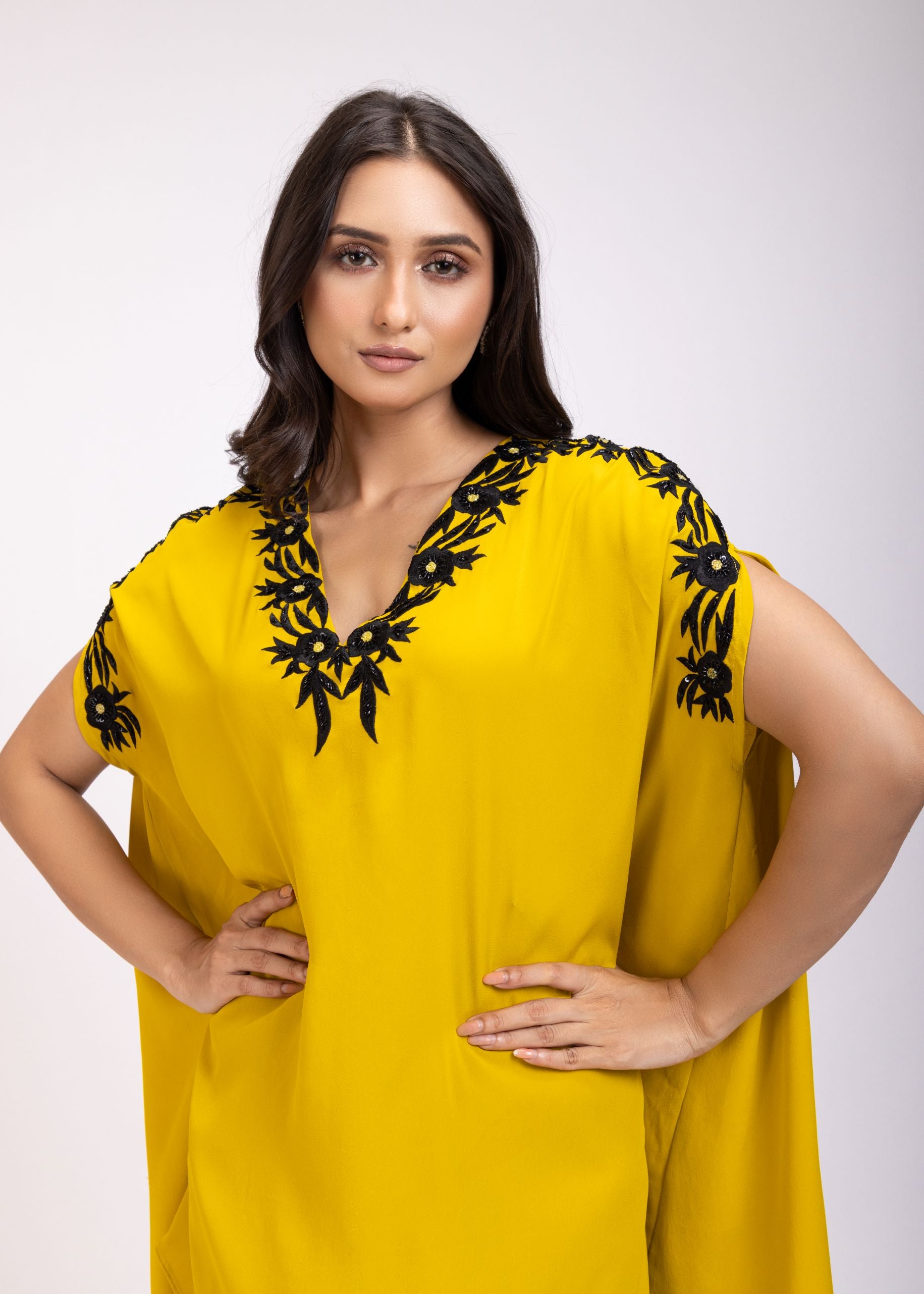 Yellow and Black Kaftan Dress With Embroidery Work Close Up