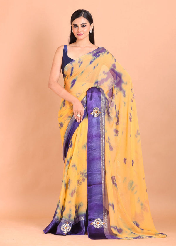 Yellow and Blue Georgette Shibori Saree with Gota Embroidery - Anvi Couture