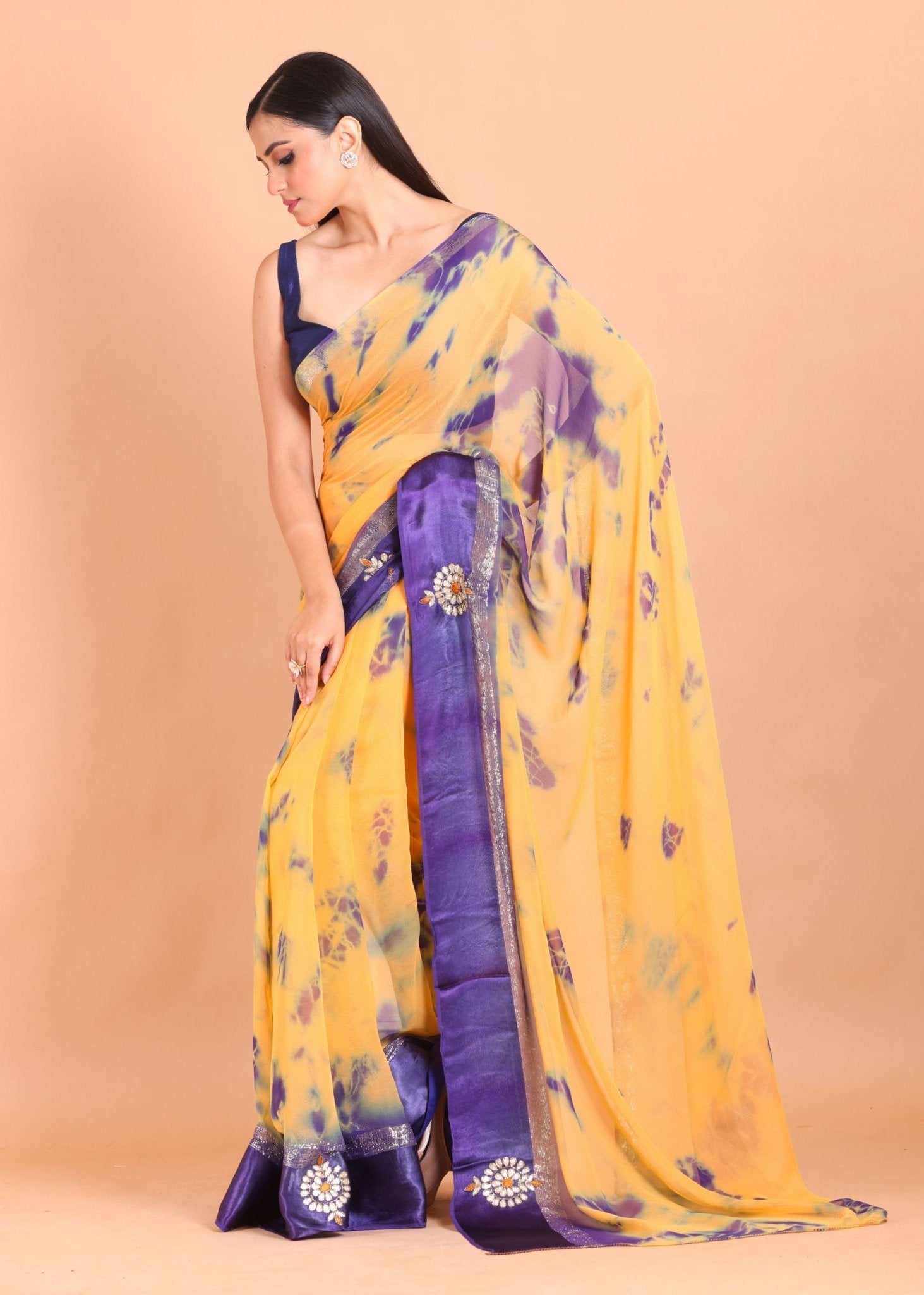 Yellow and Blue Georgette Shibori Saree with Gota Embroidery - Anvi Couture