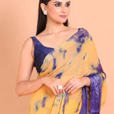 Yellow and Blue Georgette Shibori Saree with Gota Embroidery - Anvi Couture